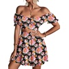 image:imageLYANER Womens 2 Piece Outfits Floral Off Shoulder Tie Up Crop Top and Mini Skirt SetBlack Pink Floral