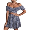 image:imageLYANER Womens 2 Piece Outfits Floral Off Shoulder Tie Up Crop Top and Mini Skirt SetDark Blue Floral
