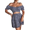 image:imageLYANER Womens 2 Piece Outfits Floral Off Shoulder Tie Up Crop Top and Mini Skirt SetDark Blue Floral