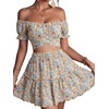 image:imageLYANER Womens 2 Piece Outfits Floral Off Shoulder Tie Up Crop Top and Mini Skirt SetFlowers Pink