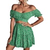 image:imageLYANER Womens 2 Piece Outfits Floral Off Shoulder Tie Up Crop Top and Mini Skirt SetGrass Green Floral