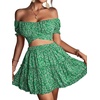 image:imageLYANER Womens 2 Piece Outfits Floral Off Shoulder Tie Up Crop Top and Mini Skirt SetGrass Green Floral