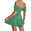 image:imageLYANER Womens 2 Piece Outfits Floral Off Shoulder Tie Up Crop Top and Mini Skirt SetGrass Green Floral