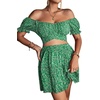 image:imageLYANER Womens 2 Piece Outfits Floral Off Shoulder Tie Up Crop Top and Mini Skirt SetGrass Green Floral