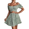 image:imageLYANER Womens 2 Piece Outfits Floral Off Shoulder Tie Up Crop Top and Mini Skirt SetGreen