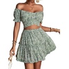 image:imageLYANER Womens 2 Piece Outfits Floral Off Shoulder Tie Up Crop Top and Mini Skirt SetGreen