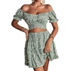 image:imageLYANER Womens 2 Piece Outfits Floral Off Shoulder Tie Up Crop Top and Mini Skirt SetGreen