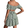 image:imageLYANER Womens 2 Piece Outfits Floral Off Shoulder Tie Up Crop Top and Mini Skirt SetGreen