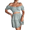 image:imageLYANER Womens 2 Piece Outfits Floral Off Shoulder Tie Up Crop Top and Mini Skirt SetLight Green Floral