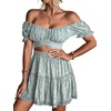 image:imageLYANER Womens 2 Piece Outfits Floral Off Shoulder Tie Up Crop Top and Mini Skirt SetLight Green Floral
