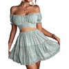 image:imageLYANER Womens 2 Piece Outfits Floral Off Shoulder Tie Up Crop Top and Mini Skirt SetLight Green Floral