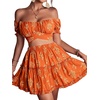 image:imageLYANER Womens 2 Piece Outfits Floral Off Shoulder Tie Up Crop Top and Mini Skirt SetPlants Orange