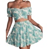 image:imageLYANER Womens 2 Piece Outfits Floral Off Shoulder Tie Up Crop Top and Mini Skirt SetPlants White