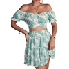 image:imageLYANER Womens 2 Piece Outfits Floral Off Shoulder Tie Up Crop Top and Mini Skirt SetPlants White