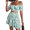 image:imageLYANER Womens 2 Piece Outfits Floral Off Shoulder Tie Up Crop Top and Mini Skirt SetPlants White