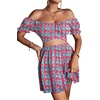 image:imageLYANER Womens 2 Piece Outfits Floral Off Shoulder Tie Up Crop Top and Mini Skirt SetRed Blue Floral