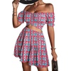 image:imageLYANER Womens 2 Piece Outfits Floral Off Shoulder Tie Up Crop Top and Mini Skirt SetRed Blue Floral