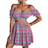 image:imageLYANER Womens 2 Piece Outfits Floral Off Shoulder Tie Up Crop Top and Mini Skirt SetRed Blue Floral