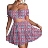 image:imageLYANER Womens 2 Piece Outfits Floral Off Shoulder Tie Up Crop Top and Mini Skirt SetRed Blue Floral