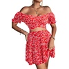 image:imageLYANER Womens 2 Piece Outfits Floral Off Shoulder Tie Up Crop Top and Mini Skirt SetRed Floral