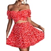 image:imageLYANER Womens 2 Piece Outfits Floral Off Shoulder Tie Up Crop Top and Mini Skirt SetRed Floral