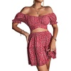 image:imageLYANER Womens 2 Piece Outfits Floral Off Shoulder Tie Up Crop Top and Mini Skirt SetRose Floral
