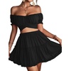 image:imageLYANER Womens 2 Piece Outfits Floral Off Shoulder Tie Up Crop Top and Mini Skirt SetSolid Black