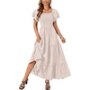 image:imageLYANER Womens Casual Summer Midi Dress Ruffle Short Sleeve Square Neck Smocked Tiered Ruffle DressesDark Beige