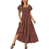 image:imageLYANER Womens Casual Summer Midi Dress Ruffle Short Sleeve Square Neck Smocked Tiered Ruffle DressesDark Brown