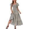 image:imageLYANER Womens Casual Summer Midi Dress Ruffle Short Sleeve Square Neck Smocked Tiered Ruffle DressesFloral White