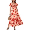image:imageLYANER Womens Casual Summer Midi Dress Ruffle Short Sleeve Square Neck Smocked Tiered Ruffle DressesRed Flower