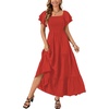 image:imageLYANER Womens Casual Summer Midi Dress Ruffle Short Sleeve Square Neck Smocked Tiered Ruffle DressesRed01