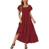 image:imageLYANER Womens Casual Summer Midi Dress Ruffle Short Sleeve Square Neck Smocked Tiered Ruffle DressesWine Red