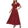 image:imageLYANER Womens Casual Summer Midi Dress Ruffle Short Sleeve Square Neck Smocked Tiered Ruffle DressesWine Red