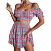 image:imageLYANER Womens 2 Piece Outfits Floral Off Shoulder Tie Up Crop Top and Mini Skirt SetRed Blue Floral