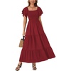 image:imageLYANER Womens Casual Summer Midi Dress Ruffle Short Sleeve Square Neck Smocked Tiered Ruffle DressesWine Red