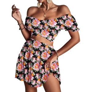 image:imageLYANER Womens 2 Piece Outfits Floral Off Shoulder Tie Up Crop Top and Mini Skirt SetBlack Pink Floral