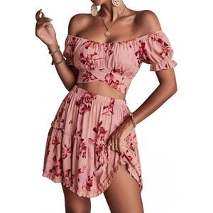 image:imageLYANER Womens 2 Piece Outfits Floral Off Shoulder Tie Up Crop Top and Mini Skirt SetFlowers Daze Pink