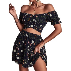 image:imageLYANER Womens 2 Piece Outfits Floral Off Shoulder Tie Up Crop Top and Mini Skirt SetFlowers Navy Blue