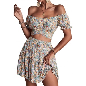 image:imageLYANER Womens 2 Piece Outfits Floral Off Shoulder Tie Up Crop Top and Mini Skirt SetFlowers Pink