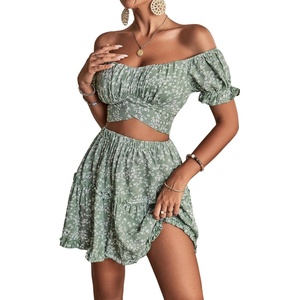 image:imageLYANER Womens 2 Piece Outfits Floral Off Shoulder Tie Up Crop Top and Mini Skirt SetGreen