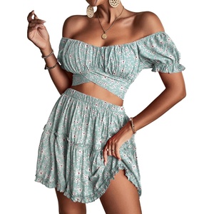 image:imageLYANER Womens 2 Piece Outfits Floral Off Shoulder Tie Up Crop Top and Mini Skirt SetLight Green Floral