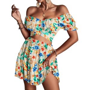 image:imageLYANER Womens 2 Piece Outfits Floral Off Shoulder Tie Up Crop Top and Mini Skirt SetMulti Floral