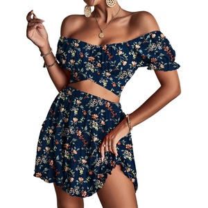 image:imageLYANER Womens 2 Piece Outfits Floral Off Shoulder Tie Up Crop Top and Mini Skirt SetNavy Floral