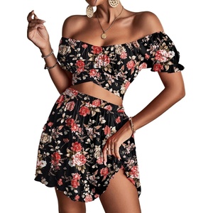 image:imageLYANER Womens 2 Piece Outfits Floral Off Shoulder Tie Up Crop Top and Mini Skirt SetPastel Red Floral