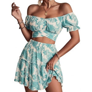 image:imageLYANER Womens 2 Piece Outfits Floral Off Shoulder Tie Up Crop Top and Mini Skirt SetPlants White