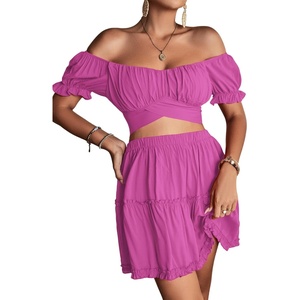 image:imageLYANER Womens 2 Piece Outfits Floral Off Shoulder Tie Up Crop Top and Mini Skirt SetSolid Lavender