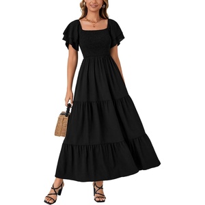 image:imageLYANER Womens Casual Summer Midi Dress Ruffle Short Sleeve Square Neck Smocked Tiered Ruffle DressesBlack