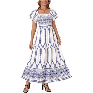 image:imageLYANER Womens Casual Summer Midi Dress Ruffle Short Sleeve Square Neck Smocked Tiered Ruffle DressesBlue Pattern