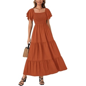 image:imageLYANER Womens Casual Summer Midi Dress Ruffle Short Sleeve Square Neck Smocked Tiered Ruffle DressesCaramel